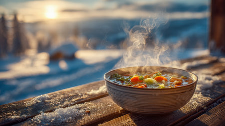 A hearty vegetable medley with vibrant carrots and leafy greens, served warm on aged wood, against a snowy winter backdrop bathed in soft golden sunlight.の写真素材