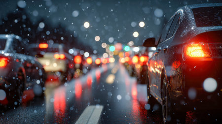 Twinkling brake lights illuminate a slick, rain-soaked street as vehicles halt in a nighttime...