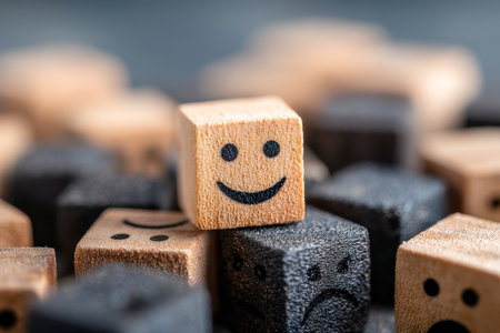 Bright natural light highlights a playful arrangement of wooden blocks expressing joy and sadness, symbolizing emotional resilience and mindset balance.の写真素材