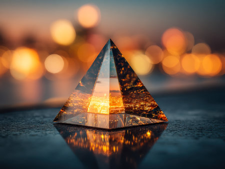 A luminous prism reflecting bustling cityscapes and flickering bokeh hues, its polished surface amplifying the vibrant, evening urban glow.の写真素材