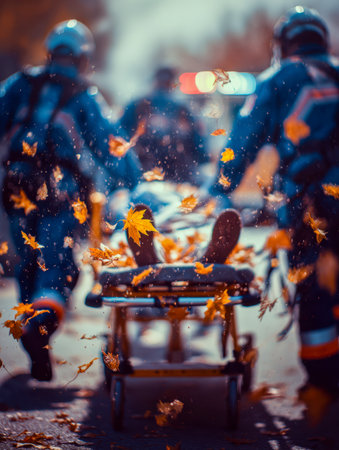 Emergency personnel swiftly transport an injured individual along leaf-covered sidewalks under gray skies, capturing a tense moment amid fallen amber and crimson folの写真素材