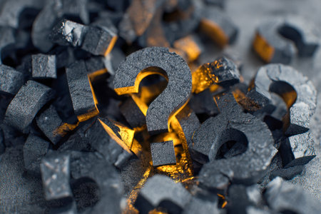 A glowing question mark emerges vividly from a heap of shadowy symbols, evoking intrigue and the pursuit of hidden truths in a thought-provoking setting.の写真素材