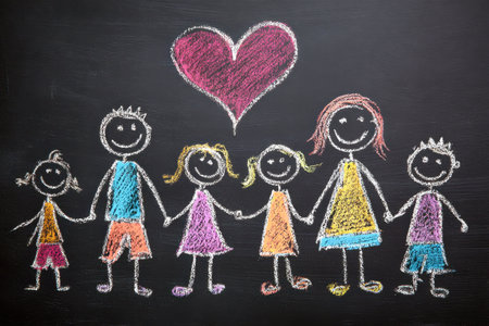 Vibrant chalk art depicts a joyful family linked hand in hand, dressed in lively colors, with a bold red heart soaring above, capturing warmth, connection, and harmoの写真素材