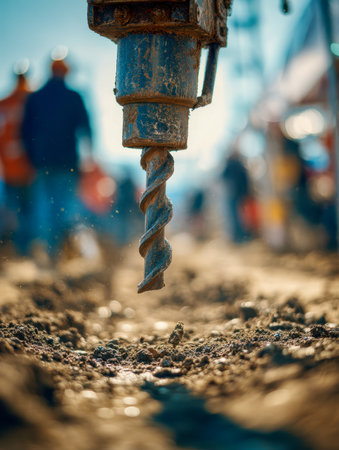 A weathered drill bit rests on rugged construction equipment, set against a busy site with blurred workers orchestrating a daytime earth-moving project.の写真素材