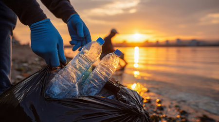 A dedicated individual gathers discarded bottles along the sunlit coast, embracing the warm glow of...