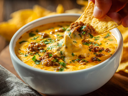 A rich, velvety cheese blend topped with spiced ground meat and fragrant herbs is captured as a...