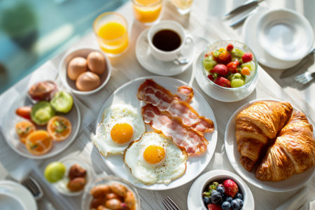 A colorful morning feast with golden croissants, perfectly cooked sunny eggs, savory bacon, refreshing fruit bowls, soft-boiled eggs, and chilled orange juice, creatの写真素材