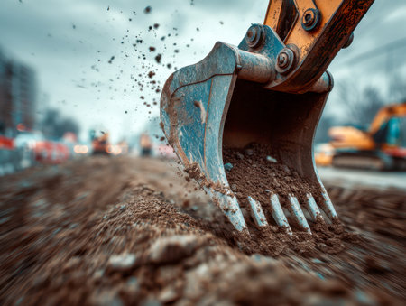 A large excavator arm grips a hefty bucket filled with earth, set against a gray sky. In the blurry backdrop, construction activity and workers signal ongoing urbanの写真素材