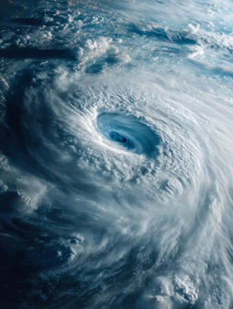 An awe-inspiring satellite view reveals a colossal cyclone with a perfectly centered eye, spiraling...