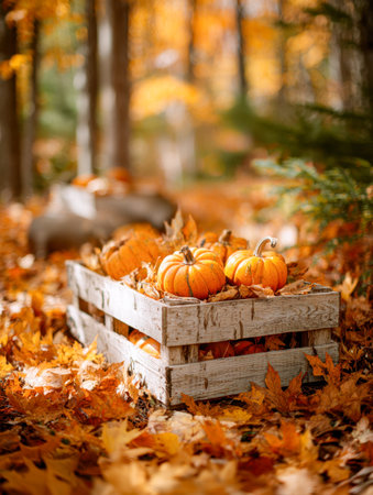 A cozy harvest scene featuring a weathered wooden box brimming with tiny pumpkins, nestled among colorful fall foliage beneath dappled sunlight in a tranquil forest.の写真素材