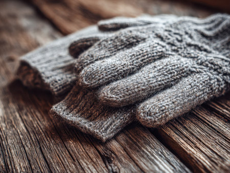 Warm, hand-knit gray gloves sit softly on aged wood, evoking comfort and seasonal style, perfect for winter layering and cozy accessories imagery.の写真素材