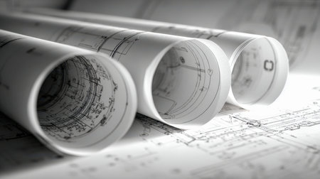 A neatly rolled blueprint lies atop comprehensive floor plans, showing intricate technical sketches...