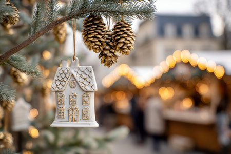 A charming ceramic miniature home dangles from a pine branch, surrounded by shimmering golden cones and soft holiday glow, evoking cozy festive cheer.