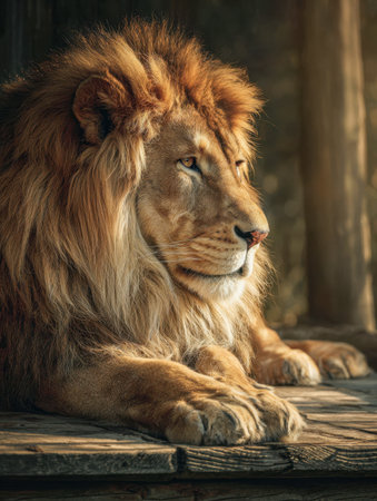 A regal lion reclines calmly atop a wooden perch, basking in gentle sunlight that highlights its intricate mane and tranquil expression amidst lush wilderness.の写真素材