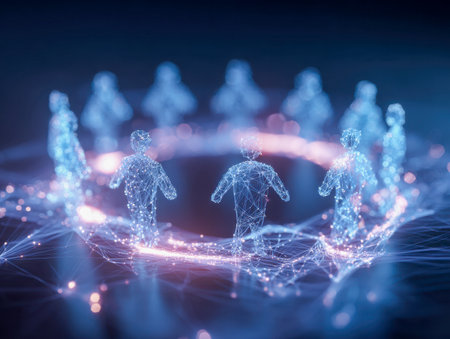 Dynamic human icons link in a luminous ring, illustrating seamless teamwork and cutting-edge digital communication within a connected virtual environment.の写真素材