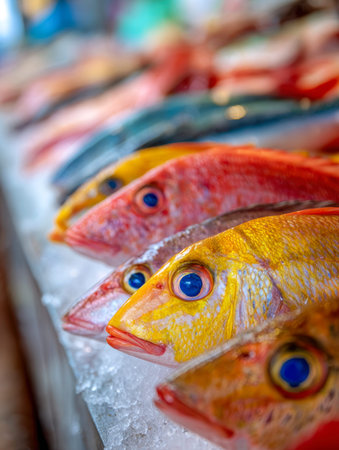 A vivid assortment of freshly obtained fish with striking red, yellow, and blue shades laid out on...