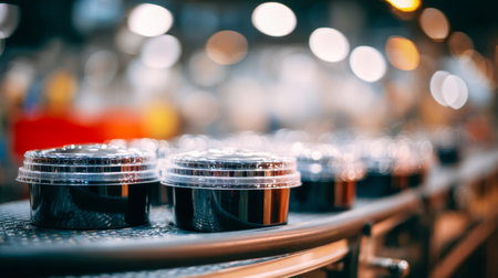 A row of sealed plastic bottles containing a deep-colored liquid travels smoothly on a luminous factory line, highlighting efficient mass production processes.の写真素材