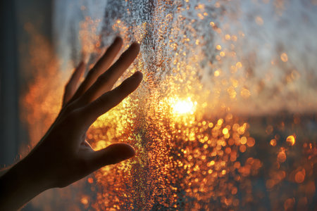 A solitary hand gently rests on a window streaked with rain, as the fading sunlight casts a soft,...