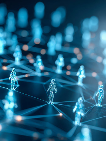 A cluster of luminous blue wireframe human icons interconnected via a digital web, symbolizing global connectivity, communication, and seamless data exchange in modeの写真素材