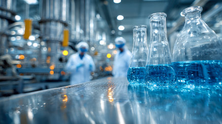 Shimmering blue solutions in glass containers rest on a glossy surface as scientists conduct experiments amid sleek, high-tech equipment in a cutting-edge research eの写真素材