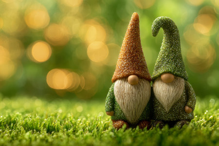 Two charming ceramic gnomes with detailed, textured hats share a cozy moment amid vibrant moss, illuminated by warm, shimmering light backdrops.の写真素材