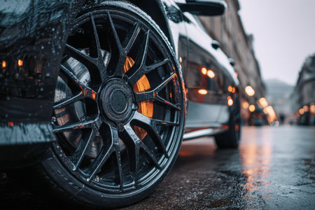 A polished black vehicle wheel with an aggressive design, accented by a vibrant orange caliper, rests on a slick city road mirroring neon and streetlamp reflectionsの写真素材