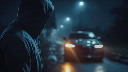 A solitary figure in a dark hoodie pauses under soft streetlamp glow, as an approaching vehicle flickers in the shadows of an enigmatic city night.の写真素材