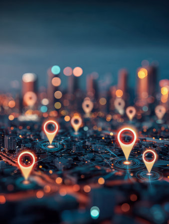 A sleek, neon-lit cityscape backdrop complements a dynamic digital display featuring luminous points highlighting key urban zones, emphasizing connectivity and innovの写真素材