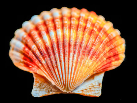 A striking, vividly colored shell with layered ridges and intricate textures, set against a dark...