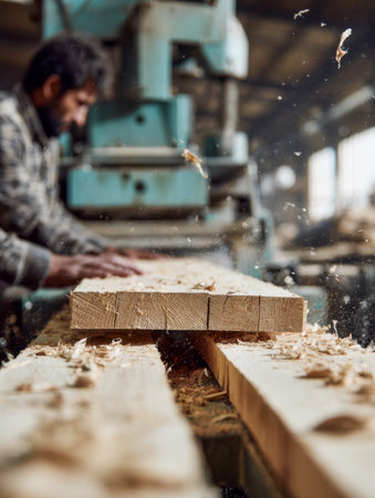 A focused craftsman expertly refines rough timber using powerful equipment, amid a bright workshop dusted with sawdust, bathed in soft natural daylight filtering thrの写真素材