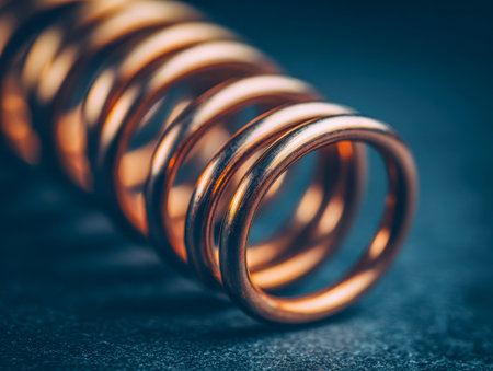 Close-up of a polished copper coil, revealing detailed textures and luminous reflections that evoke warmth and craftsmanship against a softly blurred dark backdrop.の写真素材