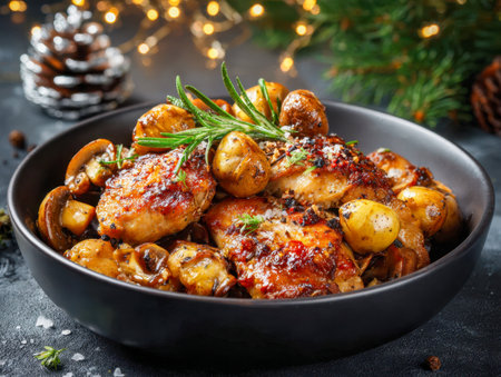 Juicy herb-seasoned chicken thighs paired with tender saut?ed mushrooms, all artfully arranged in a sleek black bowl, creating an inviting centerpiece for festive ceの写真素材