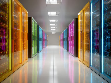 Vibrant LED-lit server cabinets line a pristine, glossy floor in a futuristic technology hub, illuminated by bright overhead lighting, embodied innovation and efficの写真素材
