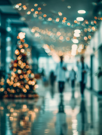 Colorful holiday illumination adorns a hospital hallway, with cheerful staff members passing by and a twinkling tree filling the space with cozy festive cheer.の写真素材