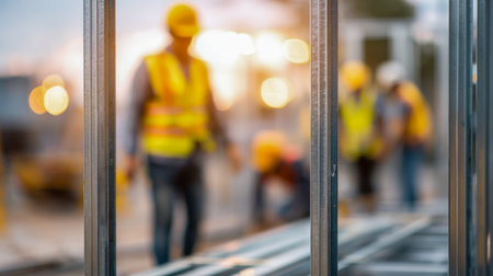 A team of skilled laborers in reflective gear strategizes amidst emerging steel frameworks, illuminated by the warm glow of sunset during a dynamic construction phasの写真素材