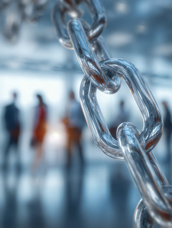 A rugged metal link showcases resilience and unity, set against a softly blurred team of...