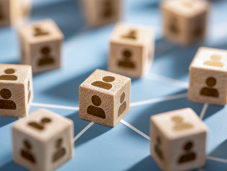 Colorful wooden blocks featuring person symbols are linked by crisp white lines on a vibrant blue background, illustrating collaboration and interconnected teamworkの写真素材