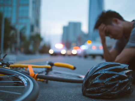 An overwhelmed individual pauses on a city street, clutching their head in despair as flashing emergency lights illuminate chaos after a bike accident.の写真素材