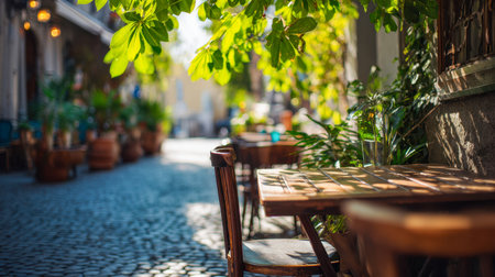 Warm sunlight filters through vibrant greenery, casting gentle shadows over rustic wooden tables and chairs along a quaint cobblestone street, evoking a serene urbanの写真素材
