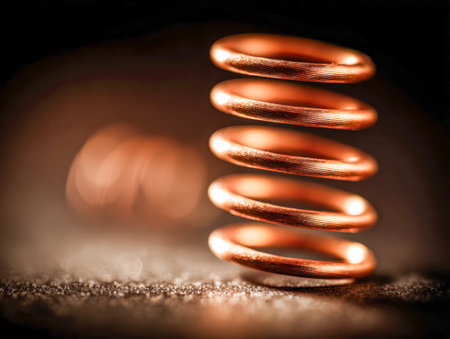 A luminous copper spring with a polished, mirror-like finish rests on rugged terrain, illuminated by soft, glowing points of light creating a dreamy, atmospheric bacの写真素材
