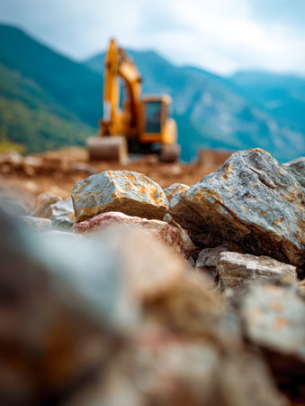 A rugged rocky terrain dominates the foreground while massive construction equipment blurs into a mountainous backdrop, capturing outdoor industry amid nature?s granの写真素材