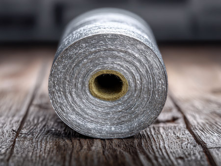 A shiny, crinkled metallic sheet curled atop aged wooden planks, suggesting a practical solution for enhancing home insulation and maintaining indoor comfort.の写真素材