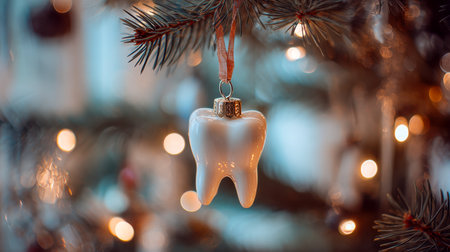 A charming white dental-shaped decoration dangles from a pine branch, illuminated by cozy, glowing Christmas lights, evoking warmth and festive cheer.の写真素材