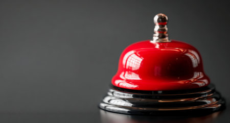 A vibrant red bell gleams atop a sleek, dark surface, its polished finish enhanced by gentle natural light reflections, evoking sophistication in service environmentの写真素材