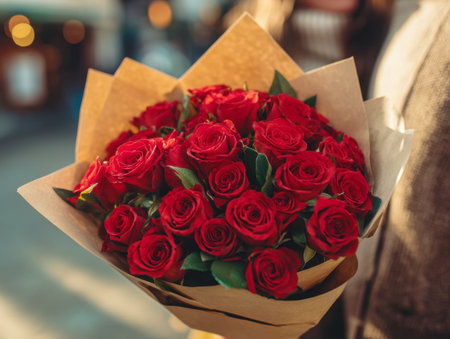 A hand gently cradles a vibrant bundle of crimson roses wrapped in textured brown paper, set against a softly blurred, joyful celebration scene bathed in warm glow.の写真素材