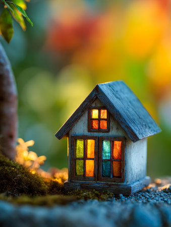 A quaint tiny cottage featuring vibrant stained glass panels that emit a cozy glow as the sun sets,...