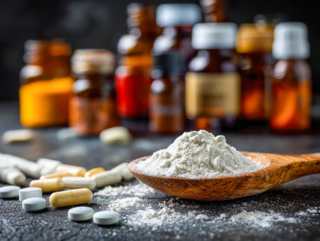 A rustic wooden utensil holding a heaping mound of bright white powder, encircled by assorted capsules, tablets, and vintage amber bottles, evoking a natural approacの写真素材