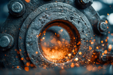 A weathered metal flange with prominent bolts ignites a shower of bright orange sparks, highlighting the intense energy and craftsmanship in industrial processes.の写真素材