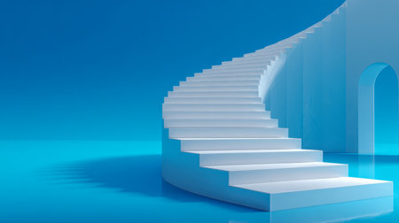 A sleek, flowing white staircase curves elegantly along a gentle bend, nestled beside an archway in a tranquil blue setting with gentle shadows and polished finishesの写真素材