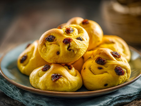 Warm, flaky saffron buns dotted with raisins sit invitingly on a handcrafted ceramic dish, set against textured, rustic fabric for a cozy holiday treat.の写真素材